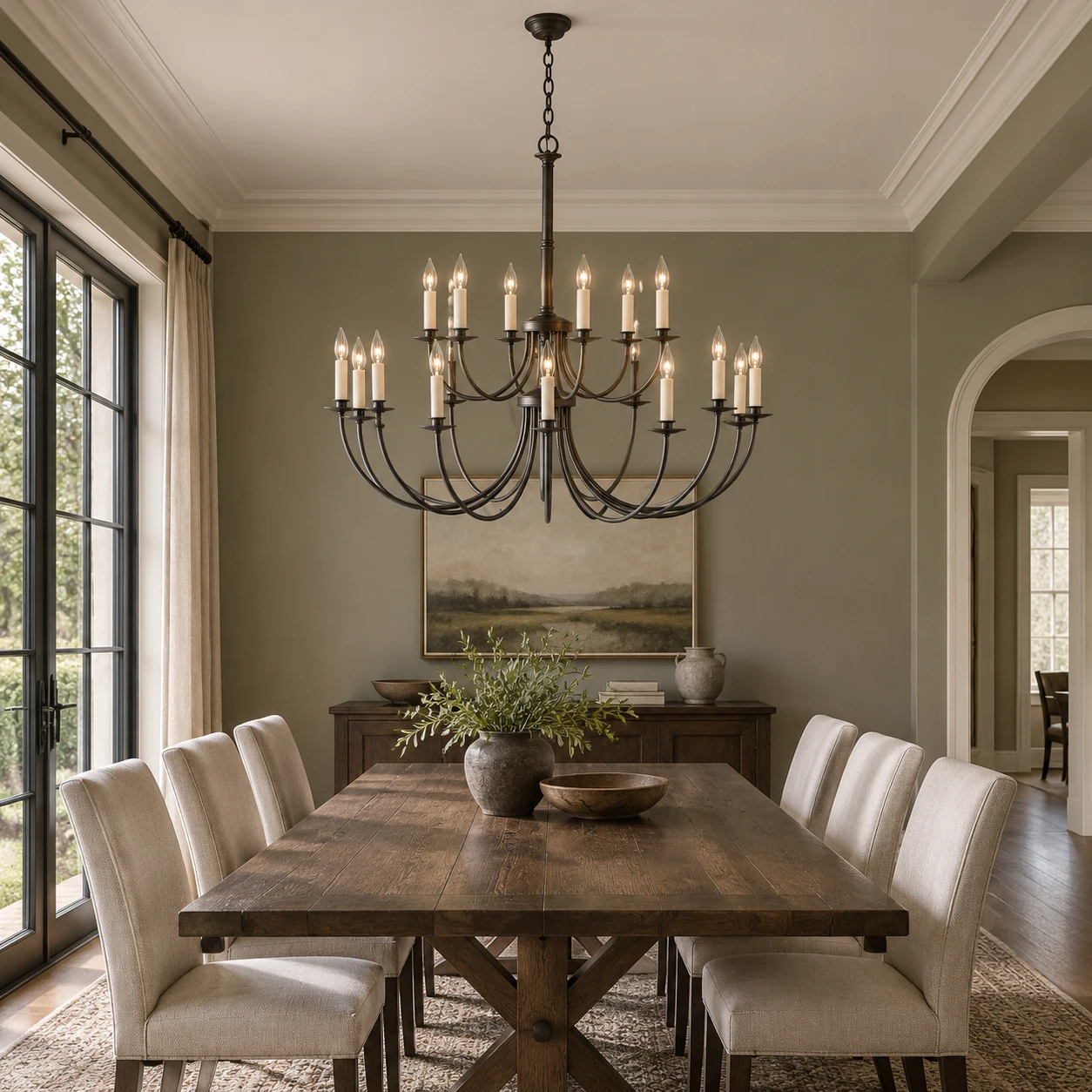 Iris European 18-Light Iron Chandelier in a residential interior