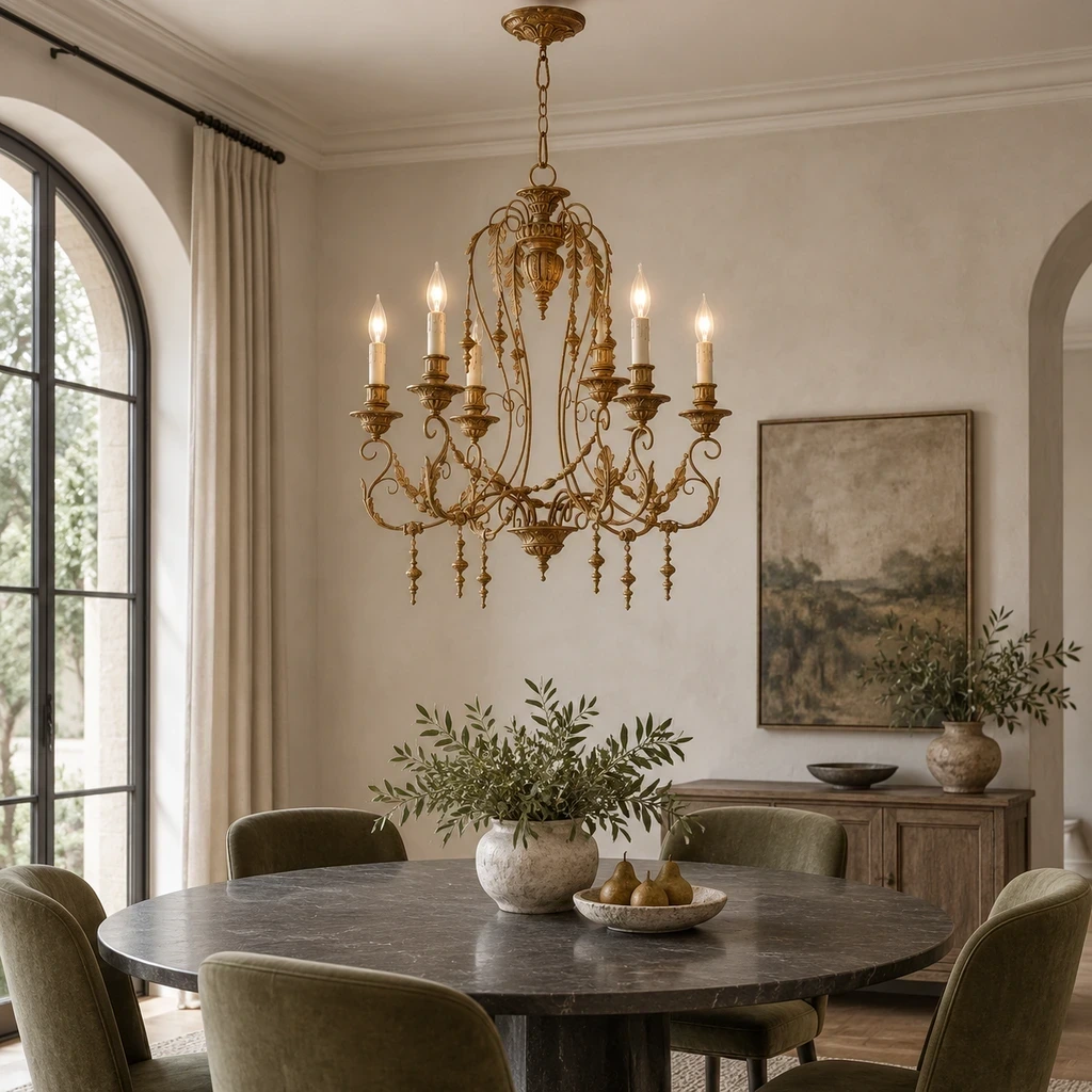 Merritt Vintage Sculpted Iron Chandelier with Six Lights above a charcoal stone dining table