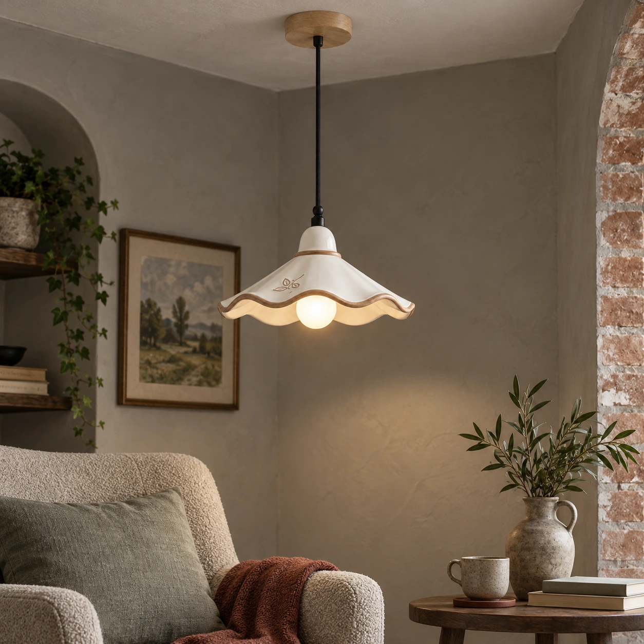 Eliseo French Vintage Scalloped Ceramic and White Ash Wood Pendant Light in a lounge