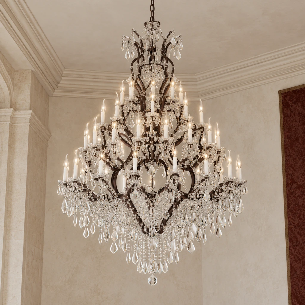 Aurelia French vintage 49-light crystal chandelier in a pale architectural hall