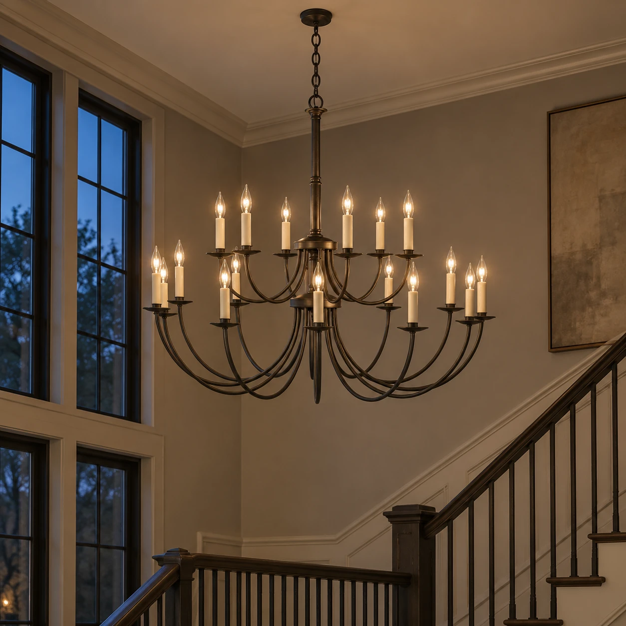 Iris European 18-Light Iron Chandelier in a residential interior