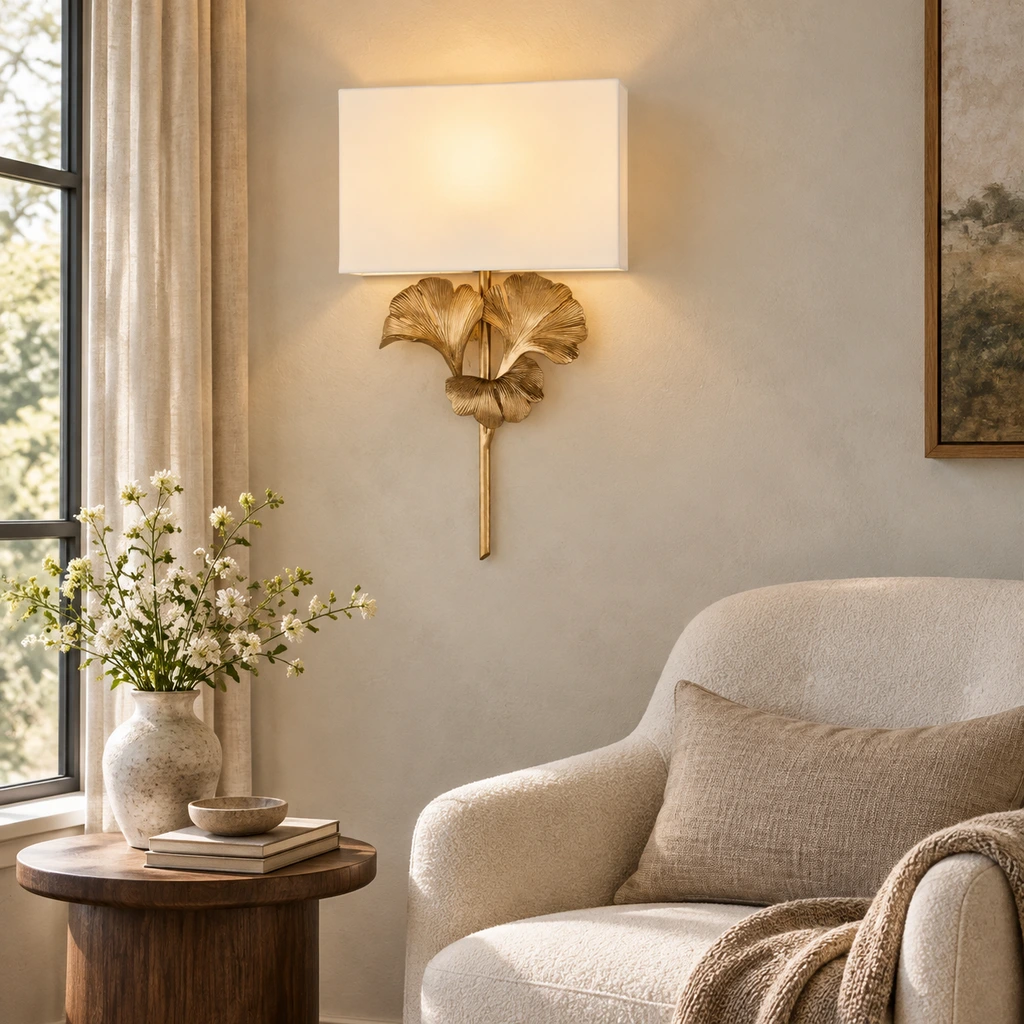 Modern gold ginkgo leaf flush-mount ceiling light installed in a bedroom sitting area