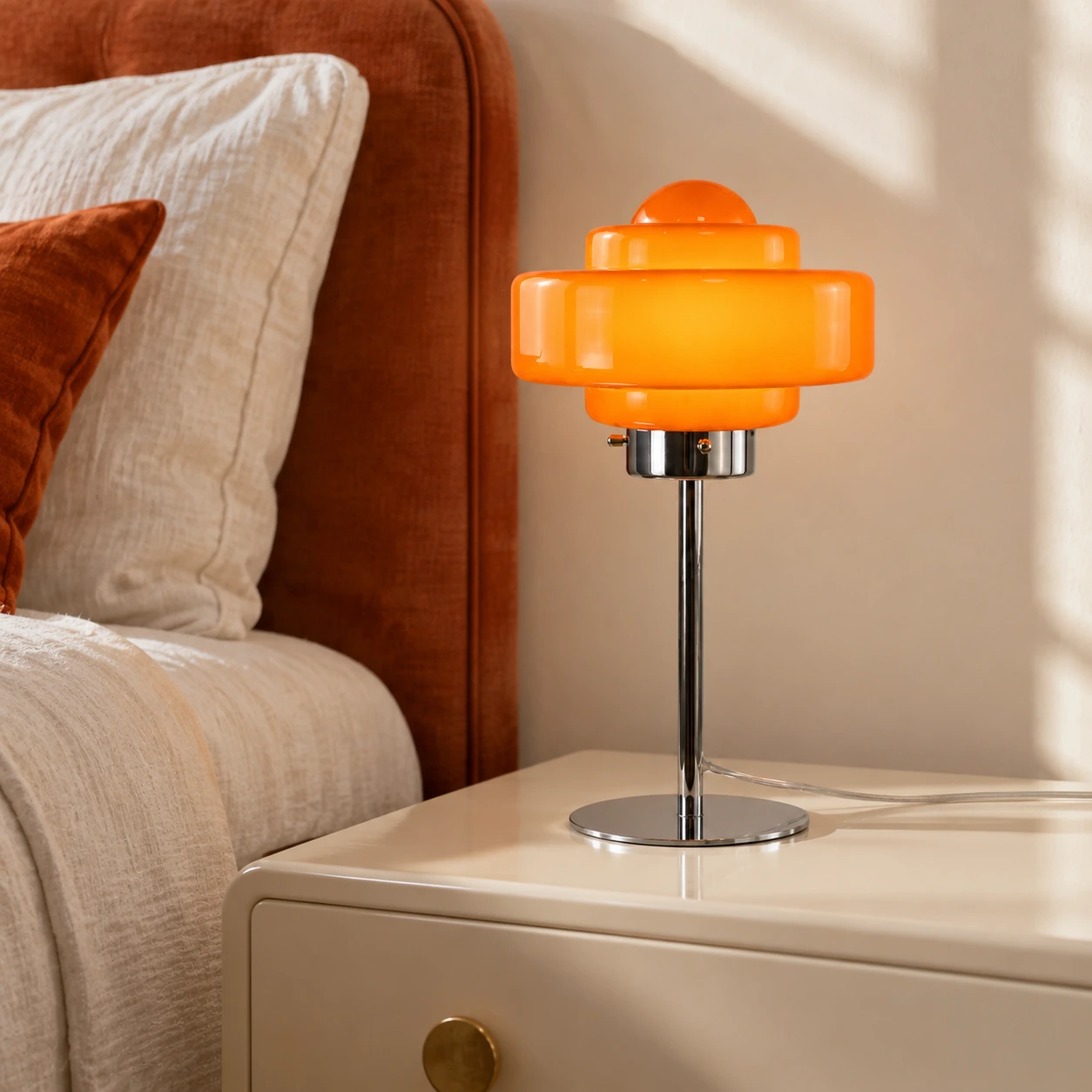 Orange glass table lamp beside a bed