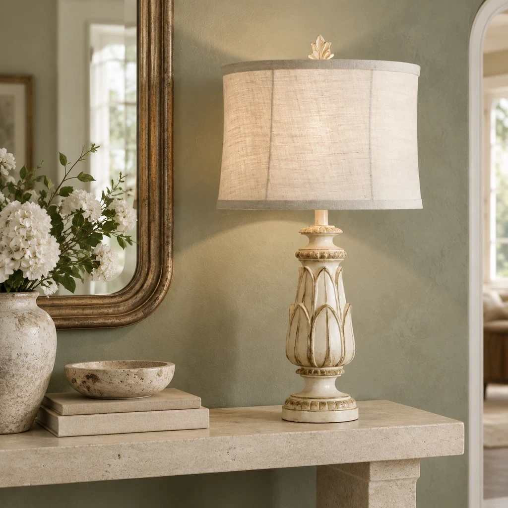 Rustic Carved Floral Table Lamp above a pale limestone console