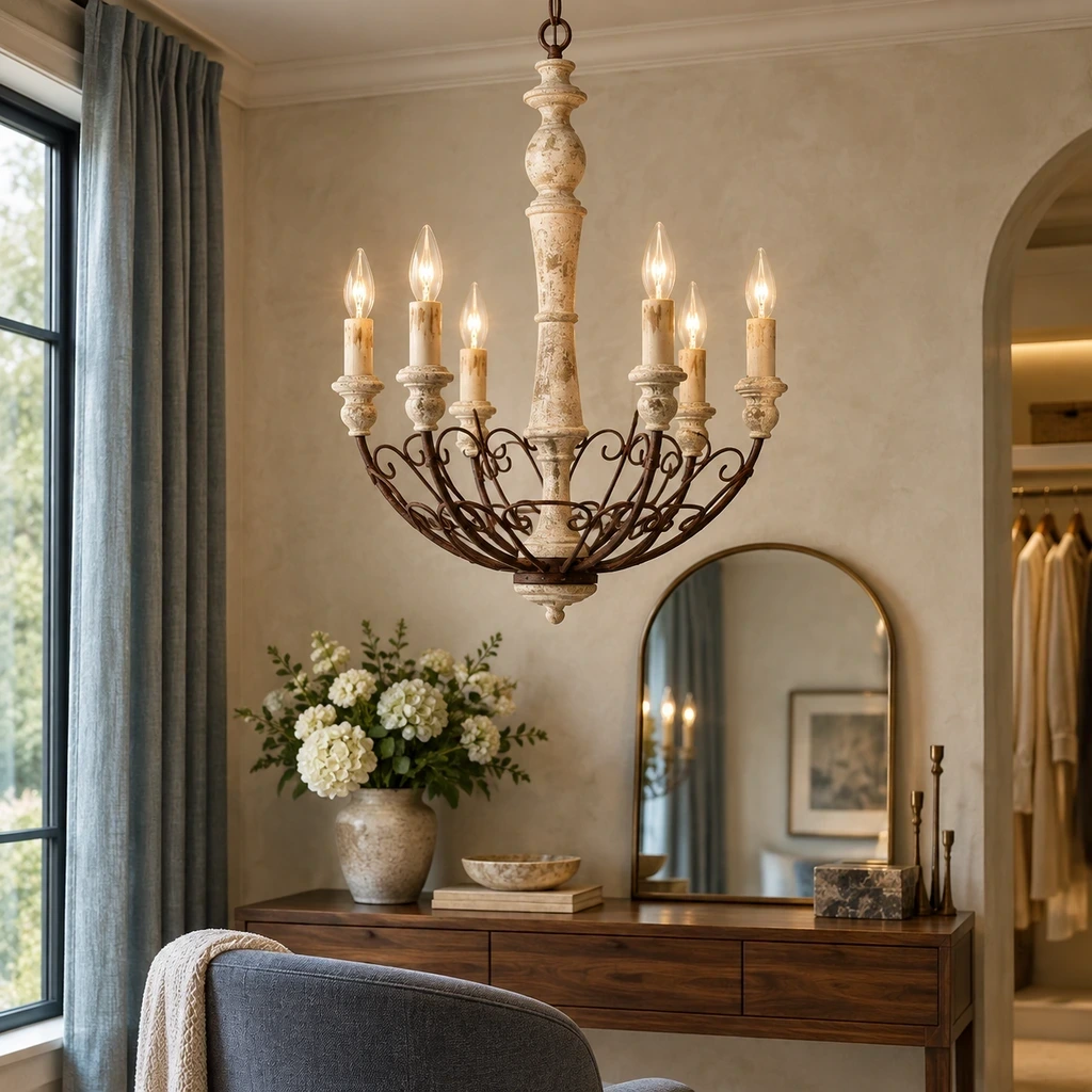 Rustic Six-Arm Carved Wood Chandelier above a warm walnut console