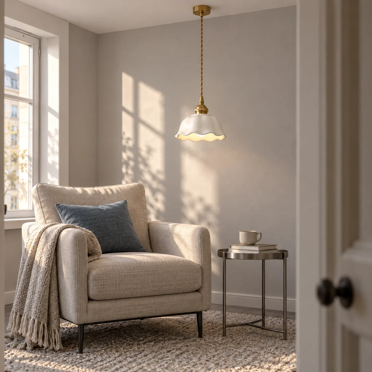 Flower pendant above a reading corner