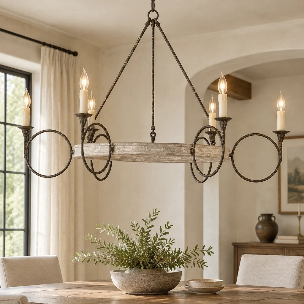 American Rustic Distressed Iron Ring Chandelier illuminated in a warm plaster entry