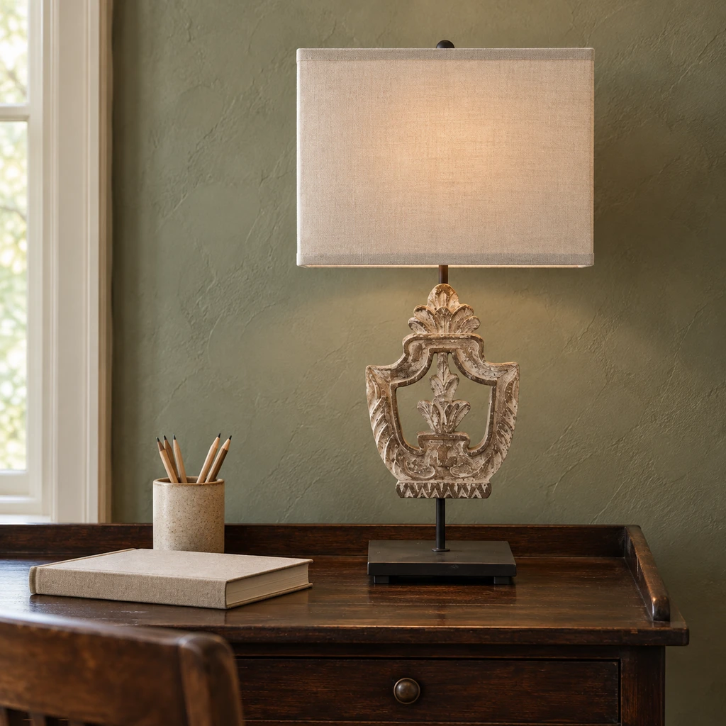 Elodie table lamp in a mineral-green study setting