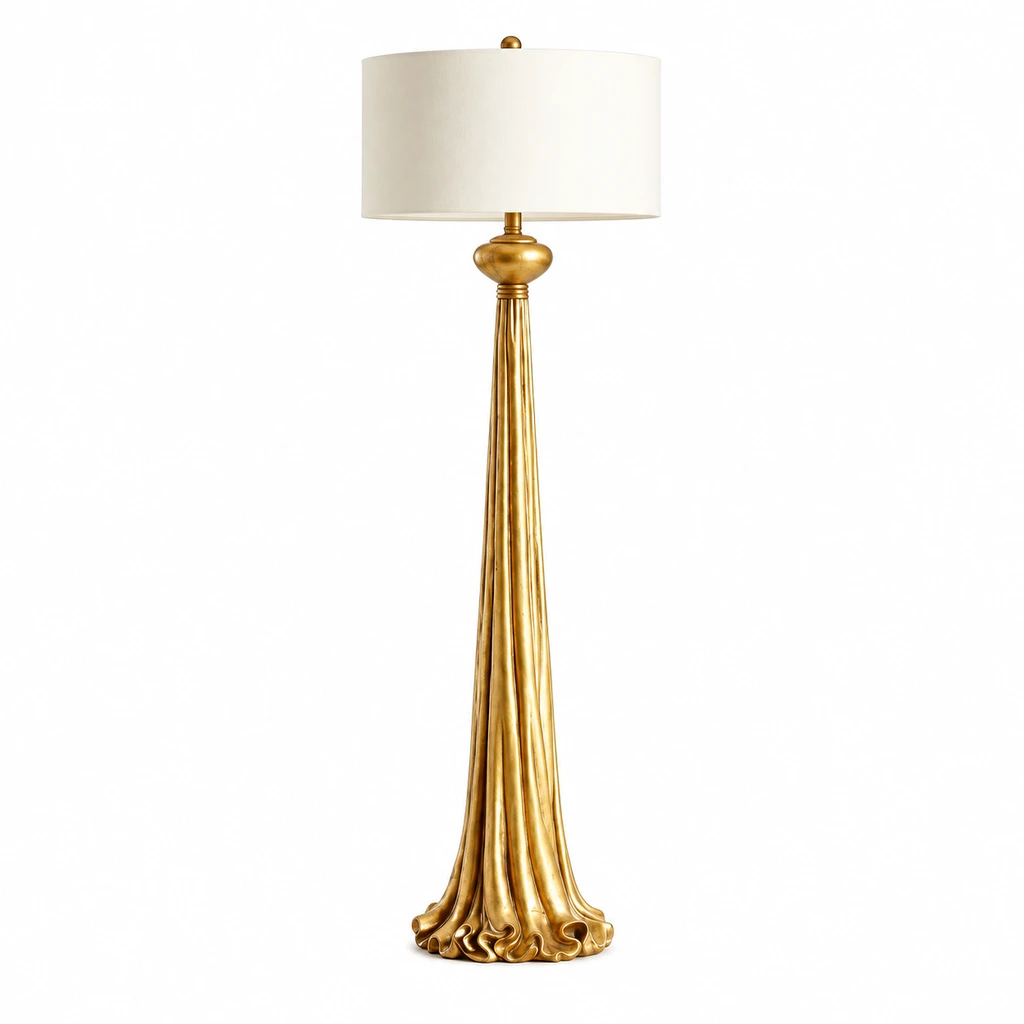 Carved gold floor lamp on white background