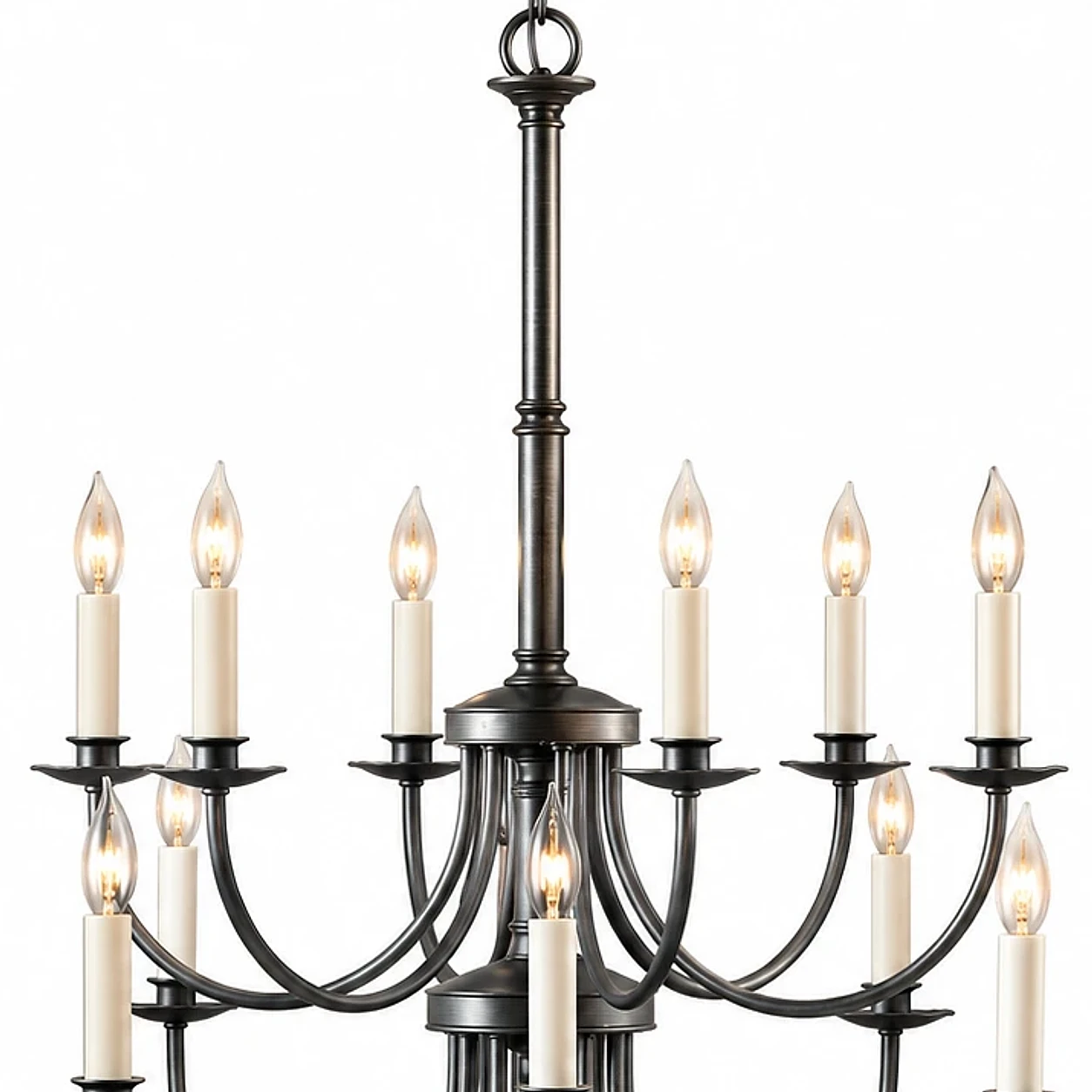 Close detail of the upper iron arms, central stem, and hanging ring