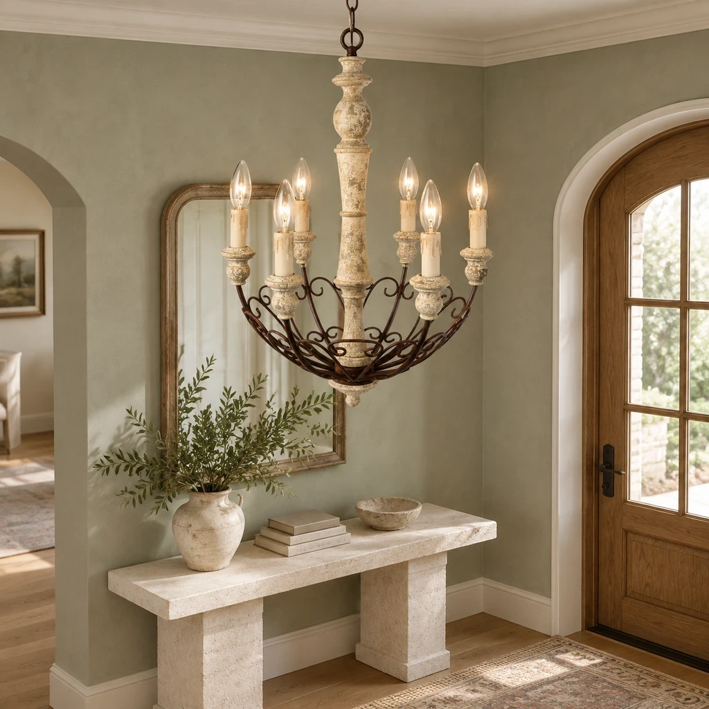 Rustic Six-Arm Carved Wood Chandelier above a pale limestone console