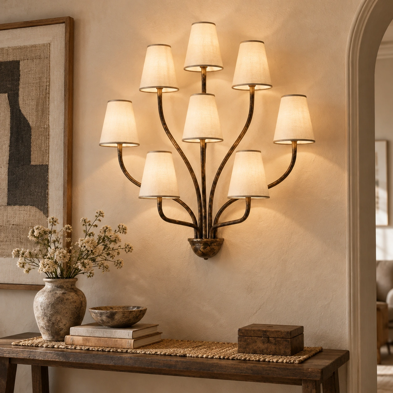 Avery carved solid wood wall sconce scene 04 entry