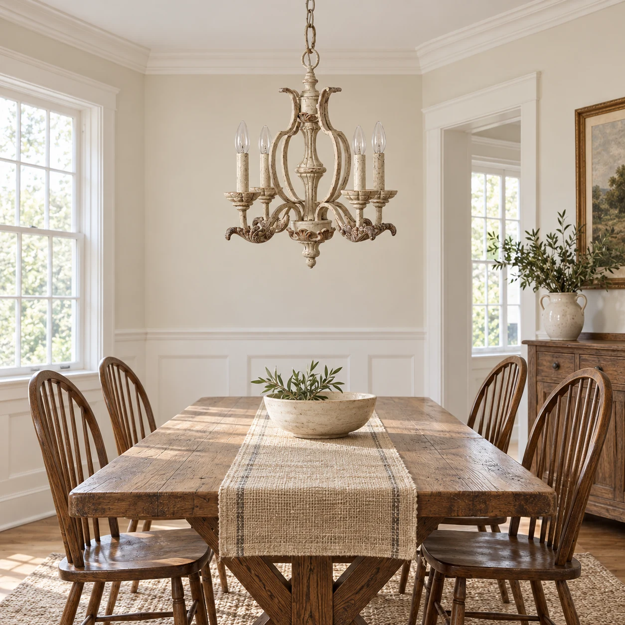 Vintage carved wood chandelier centered above an oak dining table in a traditional American dining room