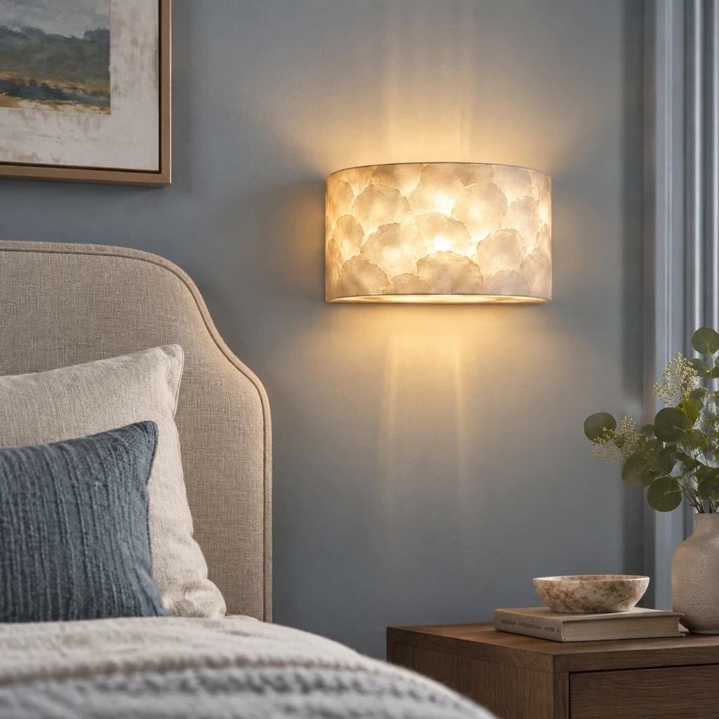 Odette Vintage Layered Shell Iron Wall Sconce in a bedroom setting