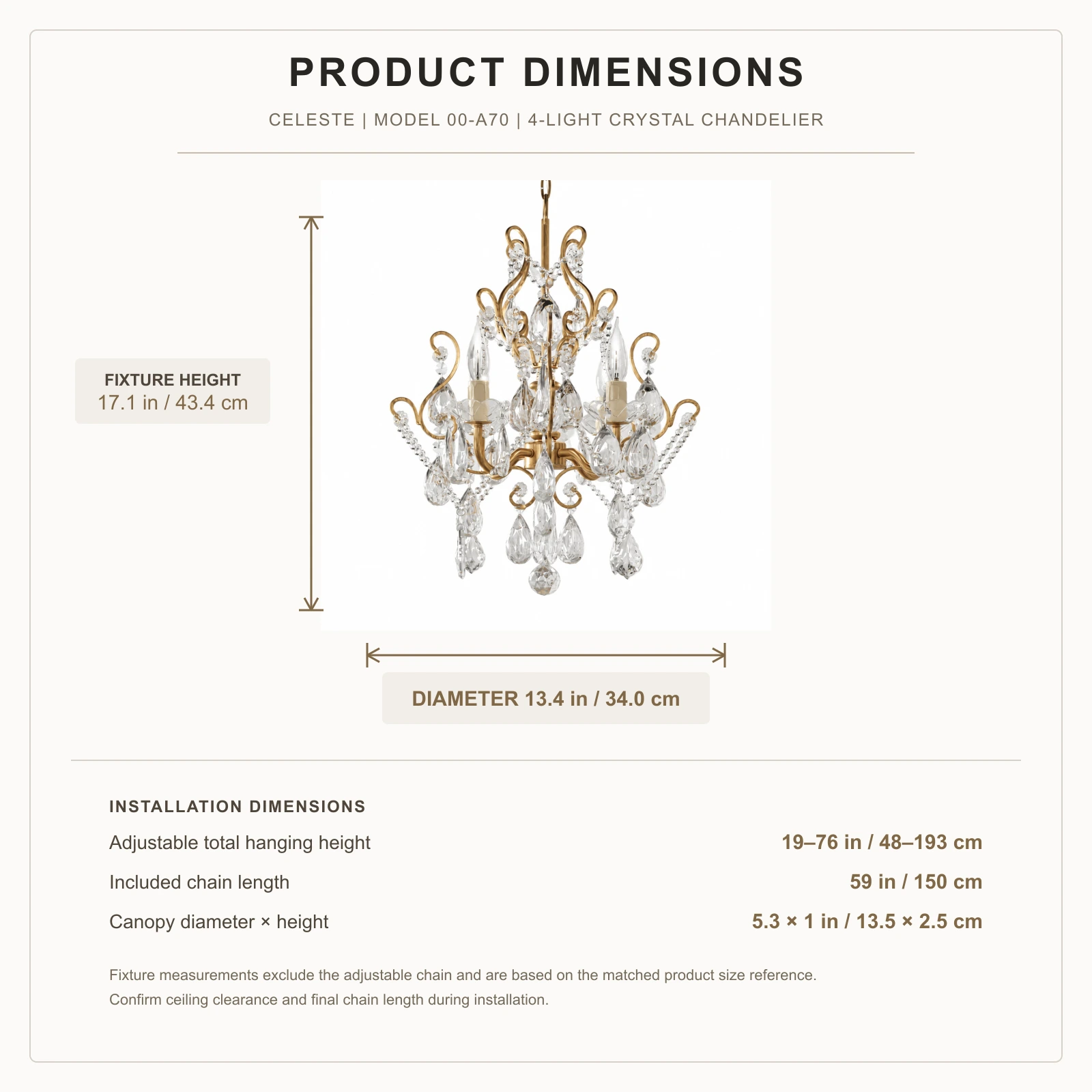 Celeste European Vintage Scrollwork Iron and Crystal Chandelier dimensions: 13.4 inch diameter and 17.1 inch fixture height