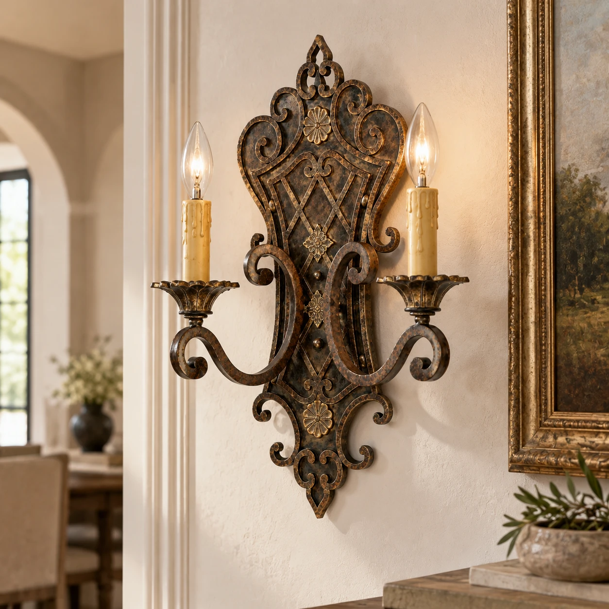 Elena French Decorative Iron Wall Sconce in a residential interior