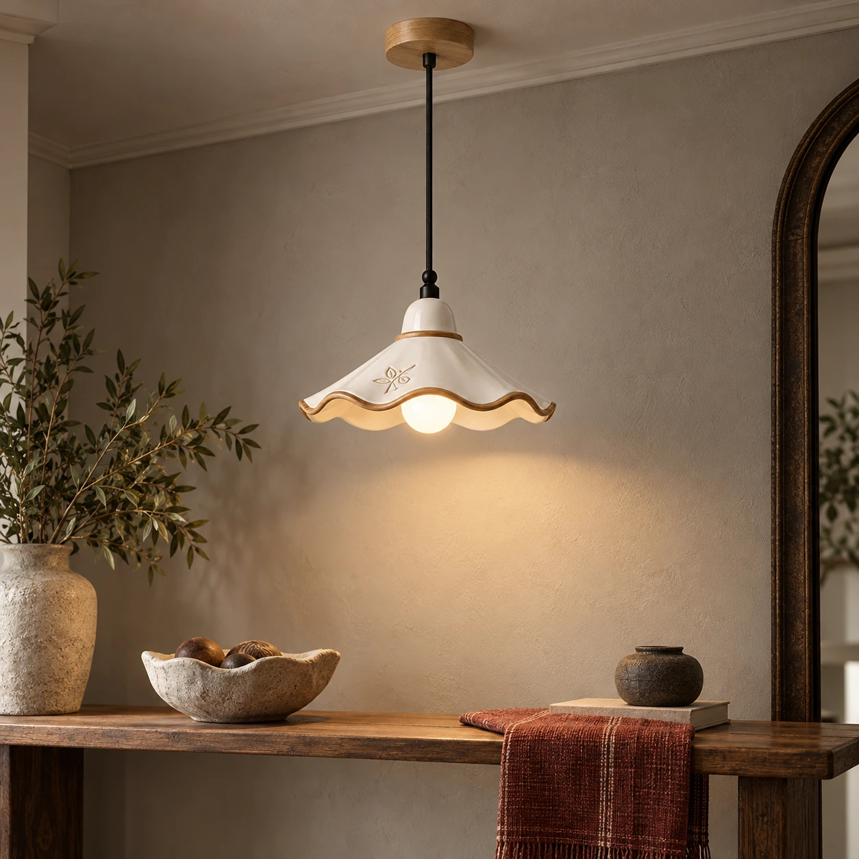 Eliseo French Vintage Scalloped Ceramic and White Ash Wood Pendant Light in an entryway