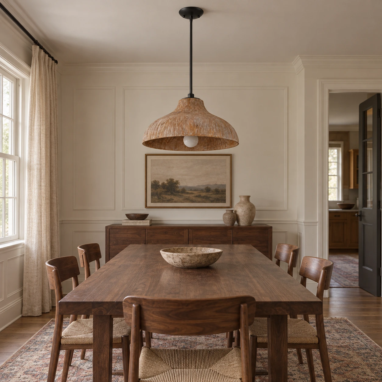 Aged wood pendant light in a dining setting