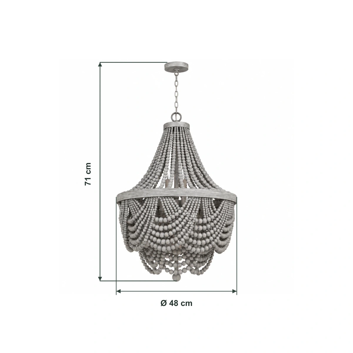 Overall height 71 cm and maximum diameter 48 cm of the gray wood beaded chandelier