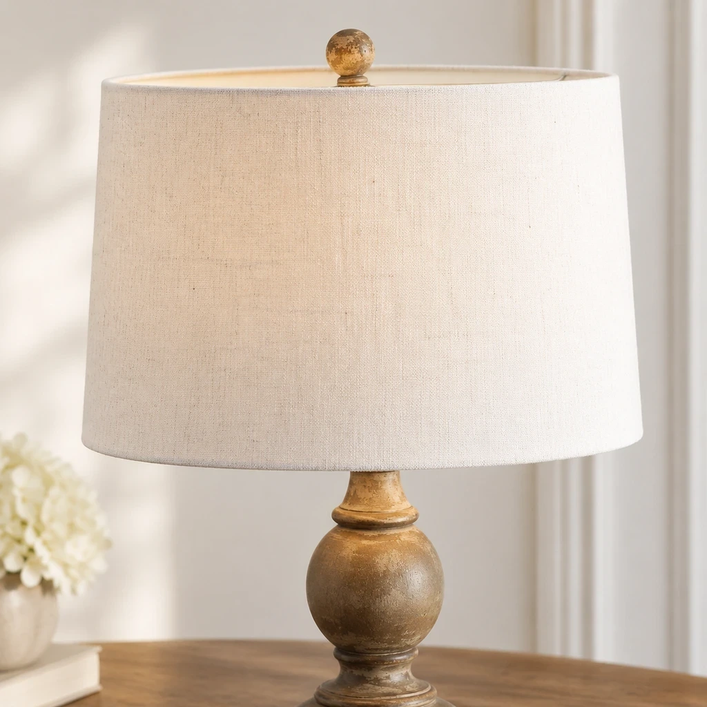 Close detail of the small top finial, linen shade edge and distressed wood collar