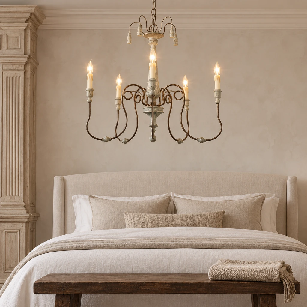 Lucien chandelier in a restrained high-ceiling bedroom