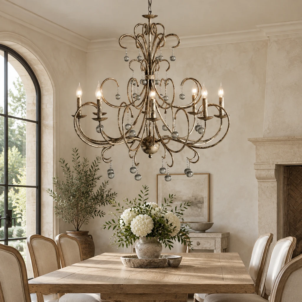 Regent antique iron chandelier in a dining room