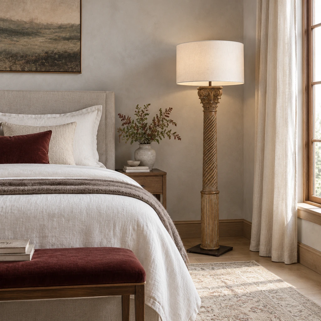 Alden floor lamp in a high-ceiling neutral bedroom