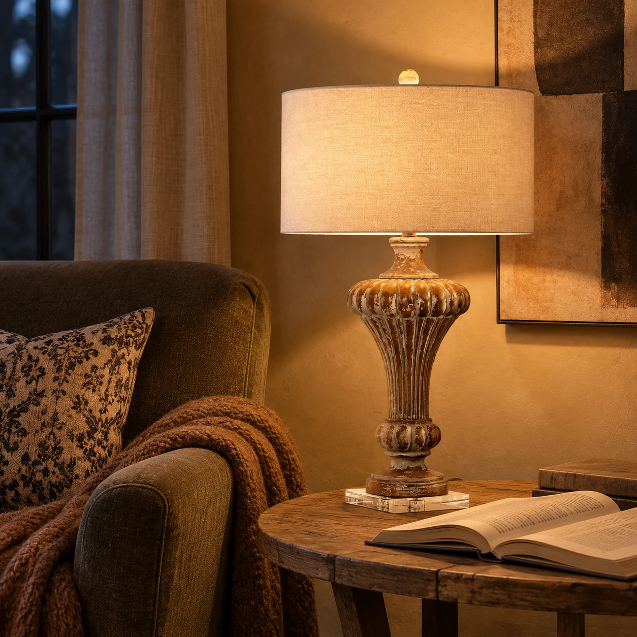 Aurelia wood table lamp lighting a cozy reading corner