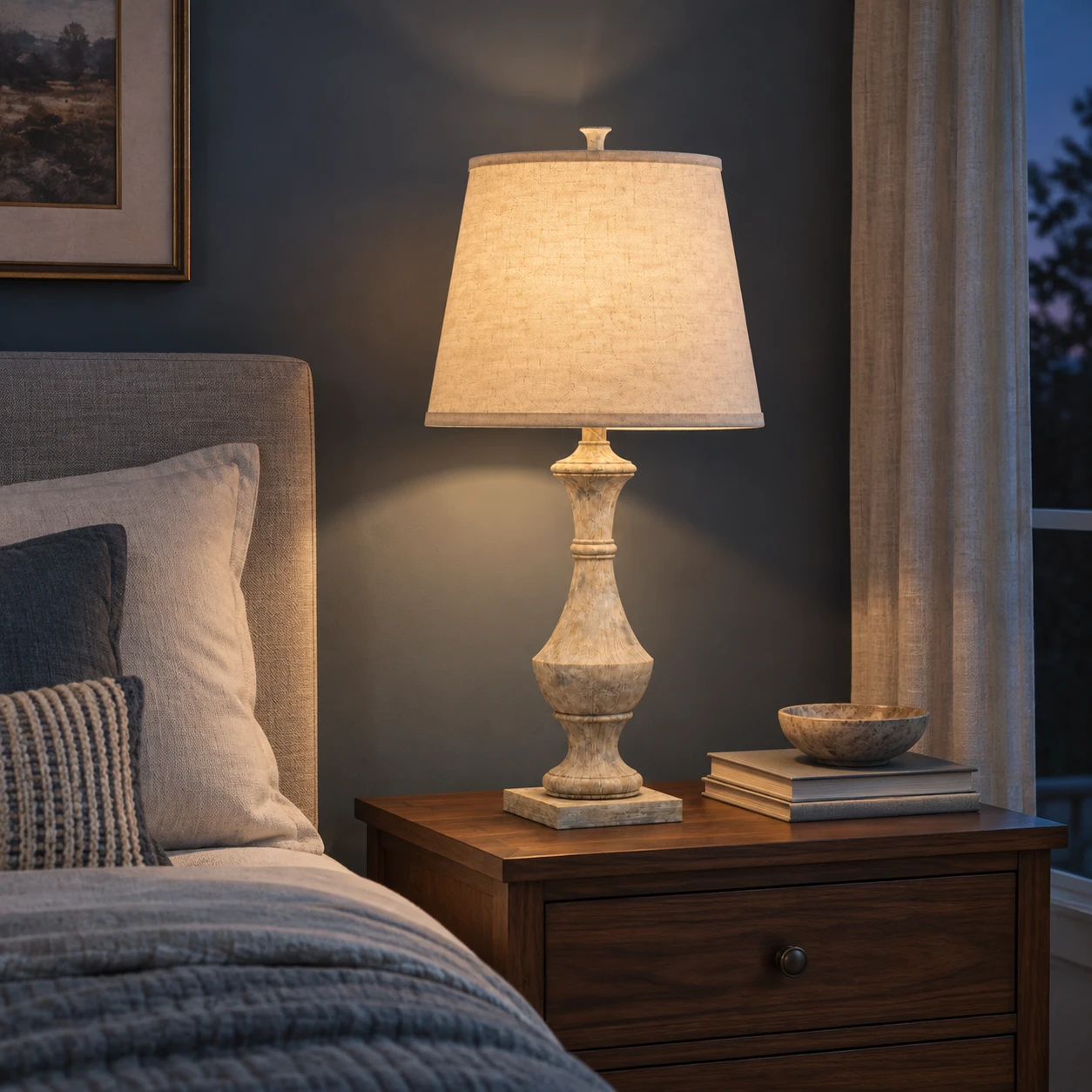 Carved wood table lamp on a bedroom nightstand at blue hour