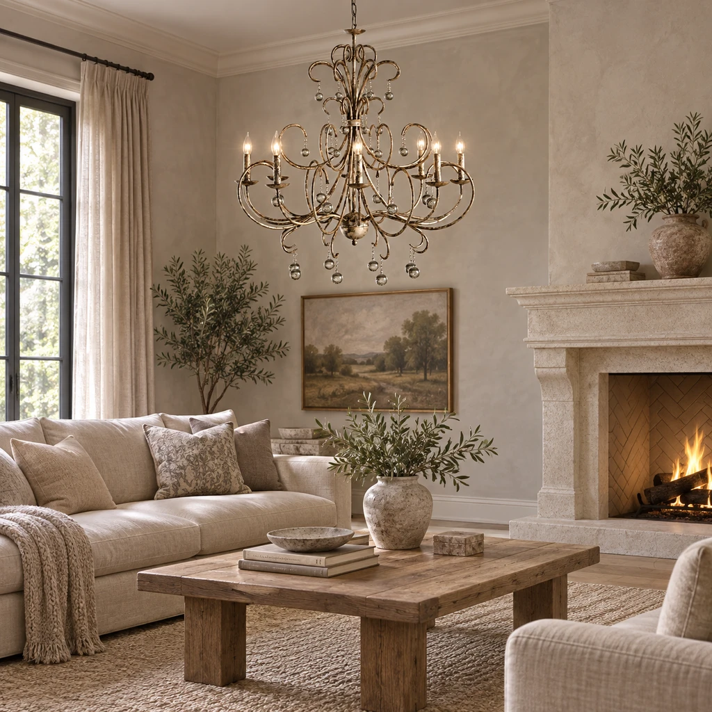 Regent chandelier in a neutral living room
