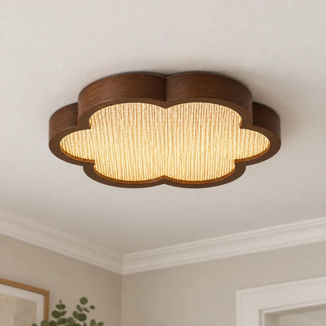 Mira Vintage Floral Walnut Wood Flush Mount Ceiling Light — centered ceiling-mounted view