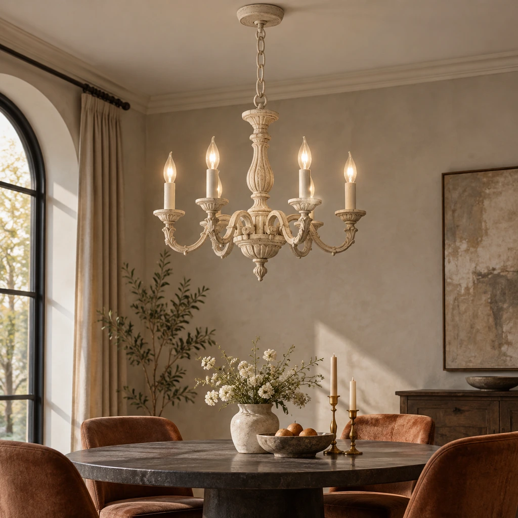 Valencia carved ivory candle chandelier in a boutique hospitality lounge