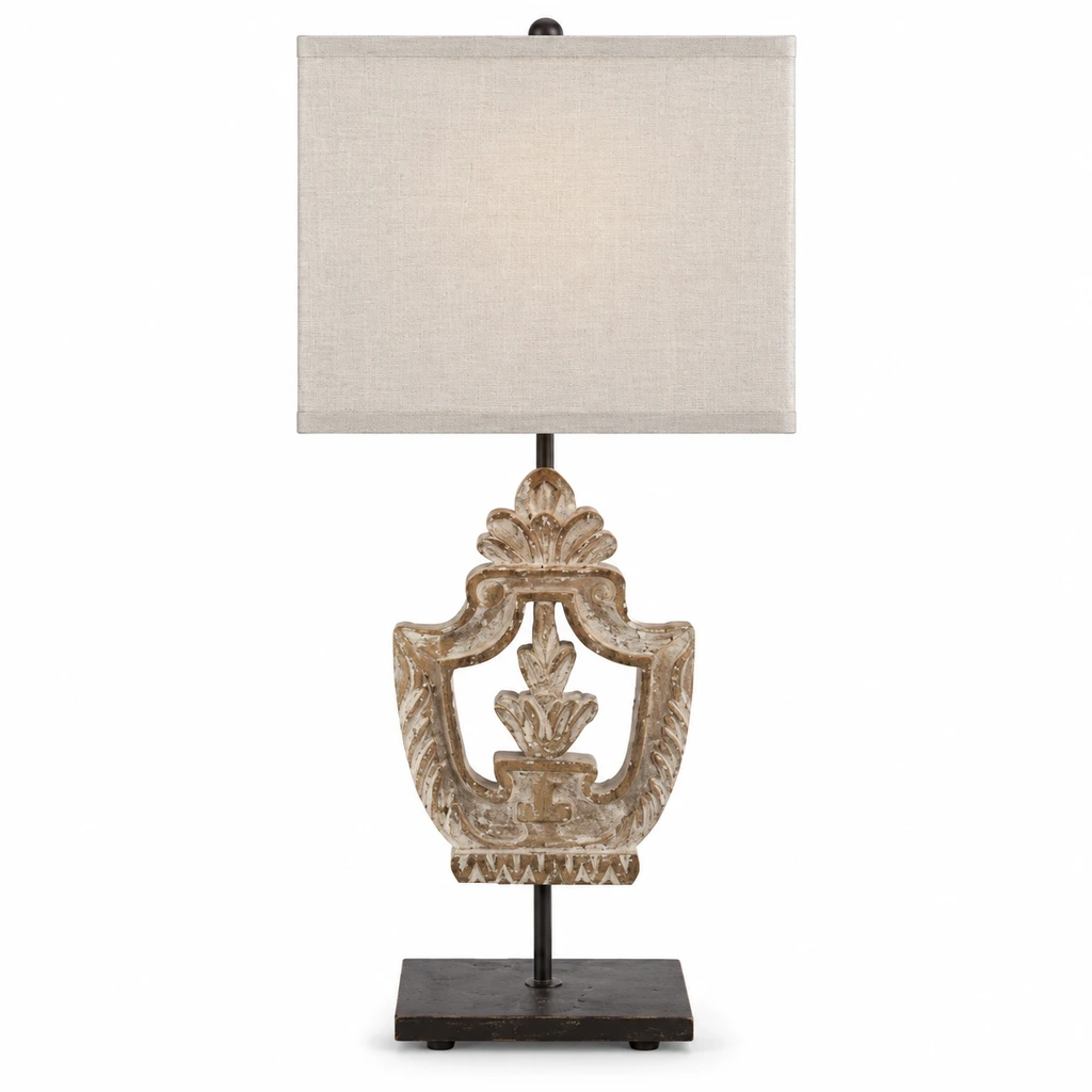 Elodie shield carved wood table lamp on a clean white background