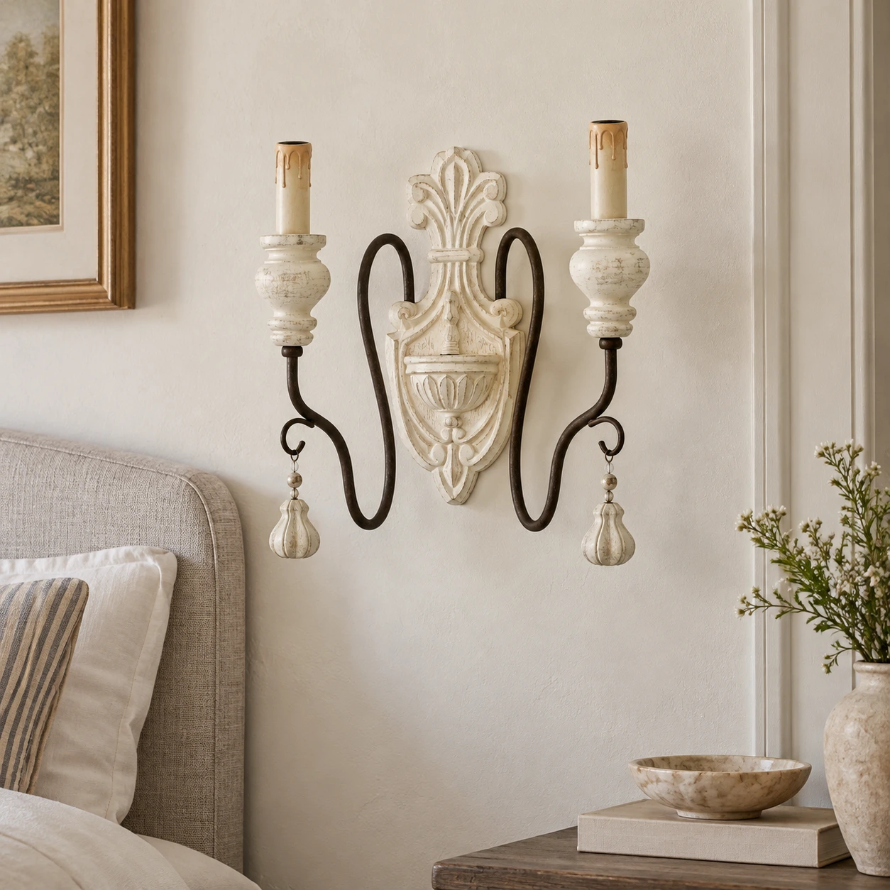 Mara Rustic Double-Arm Wood & Iron Wall Sconce — scene white bedroom