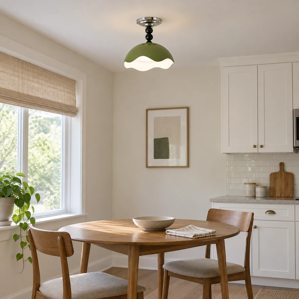 Mira Memphis Scalloped Acrylic and Metal Flush Mount Ceiling Light — scene olive breakfast