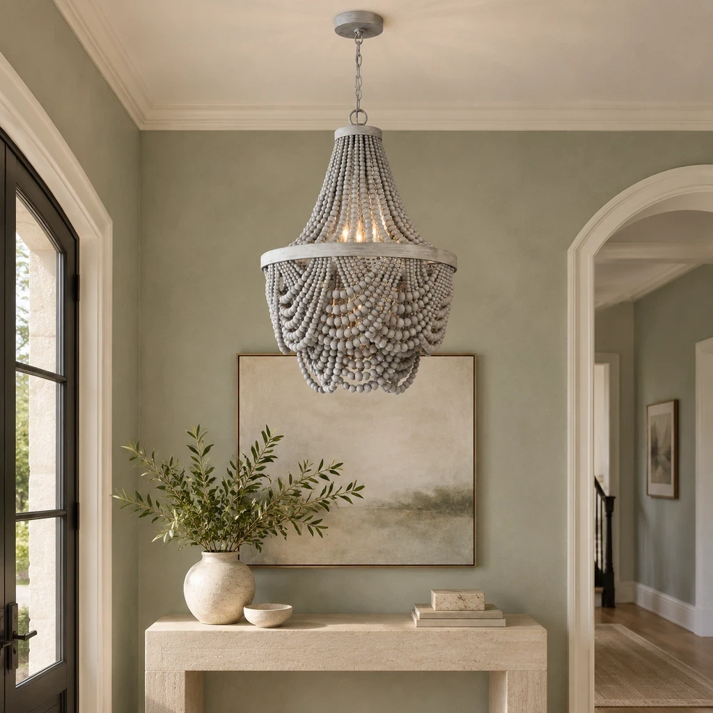 Nordic Gray Wood Beaded Chandelier above a pale limestone console
