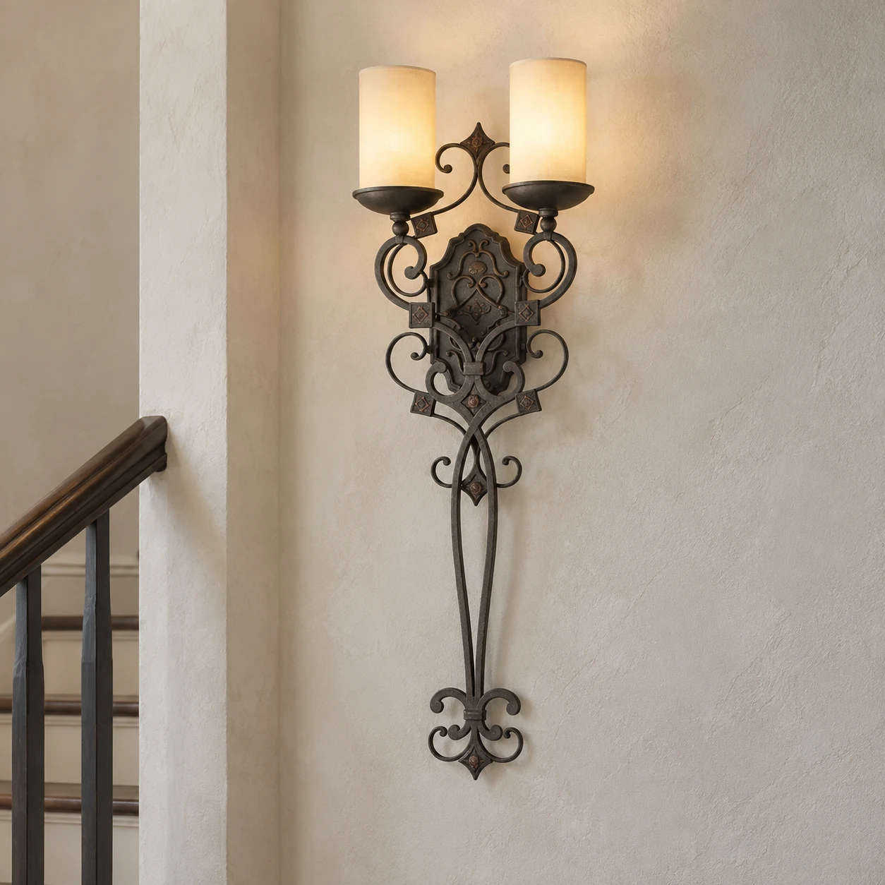 French country double-candle iron wall sconce in a stair landing