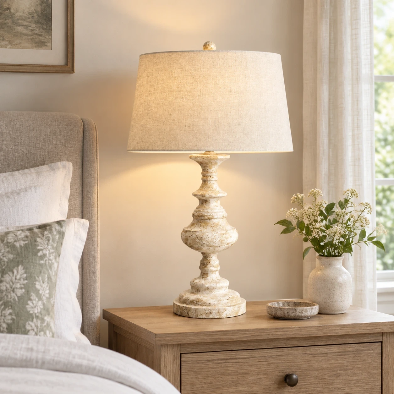 Theo Vintage Bedside Walnut Wood and Metal Table Lamp in a bright bedroom