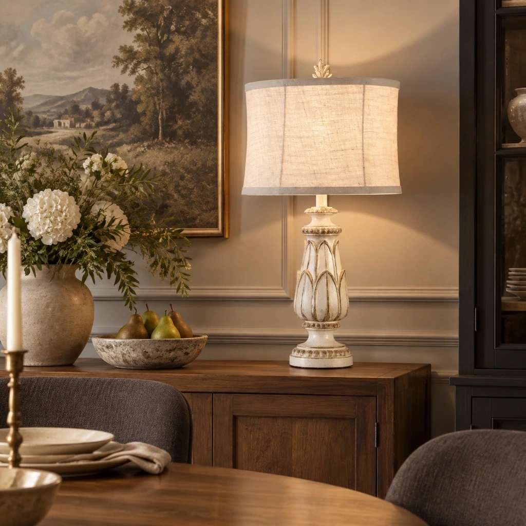 Rustic Carved Floral Table Lamp above a muted charcoal dining table
