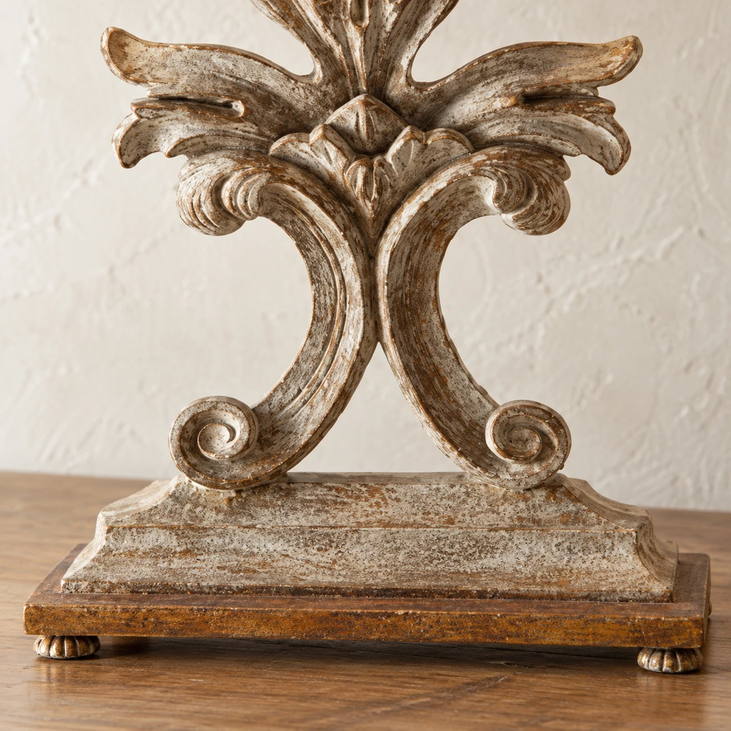 Close detail of the broad rectangular carved wood base
