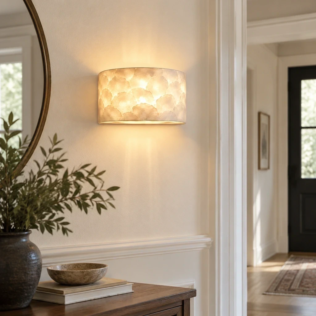 Odette Vintage Layered Shell Iron Wall Sconce in an entry setting