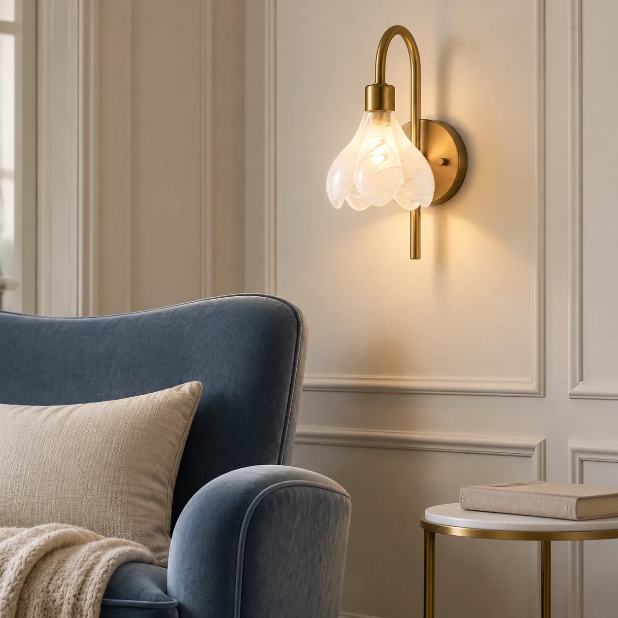 Wall sconce above a reading chair