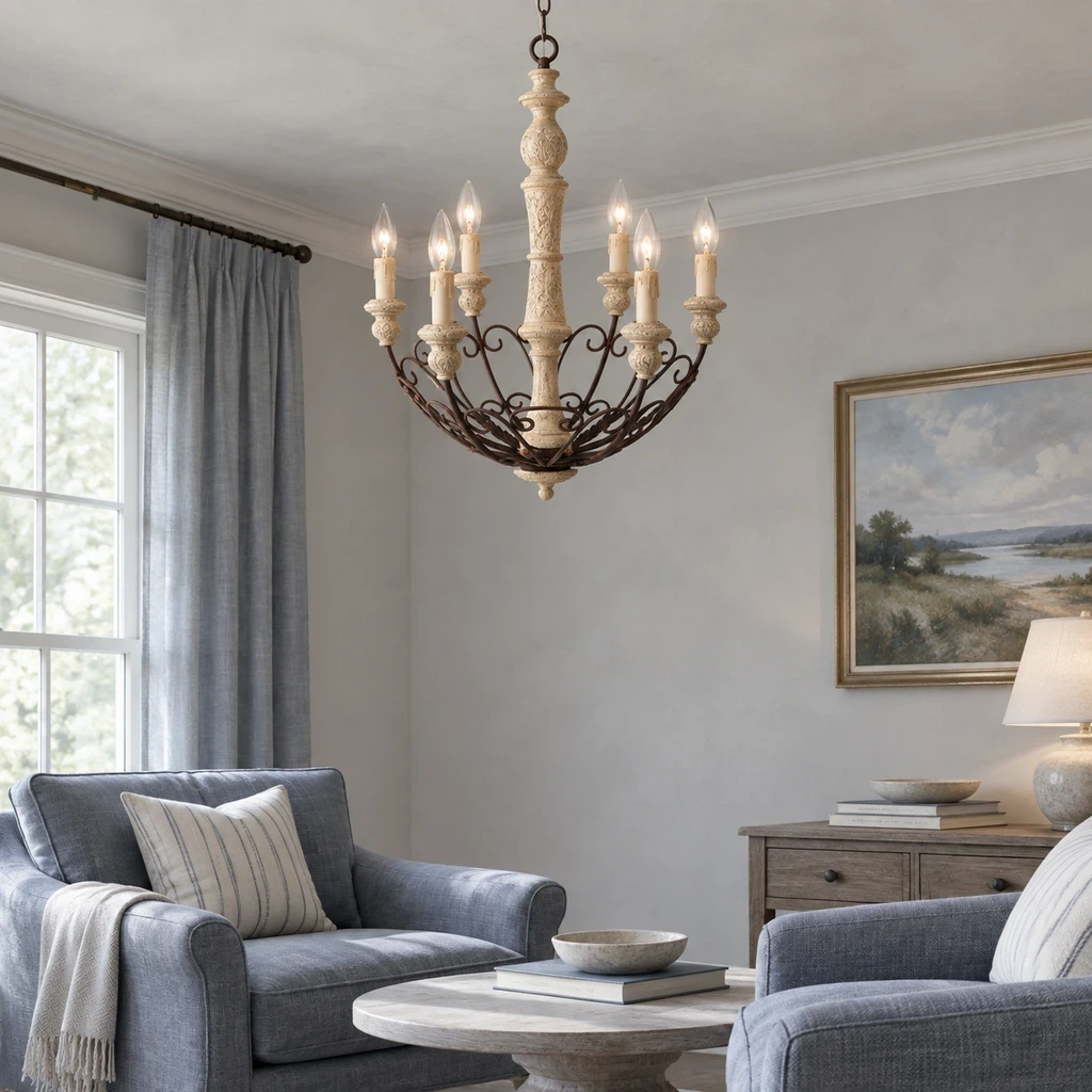 Rustic Six-Arm Carved Wood Chandelier above a blue-gray linen bed
