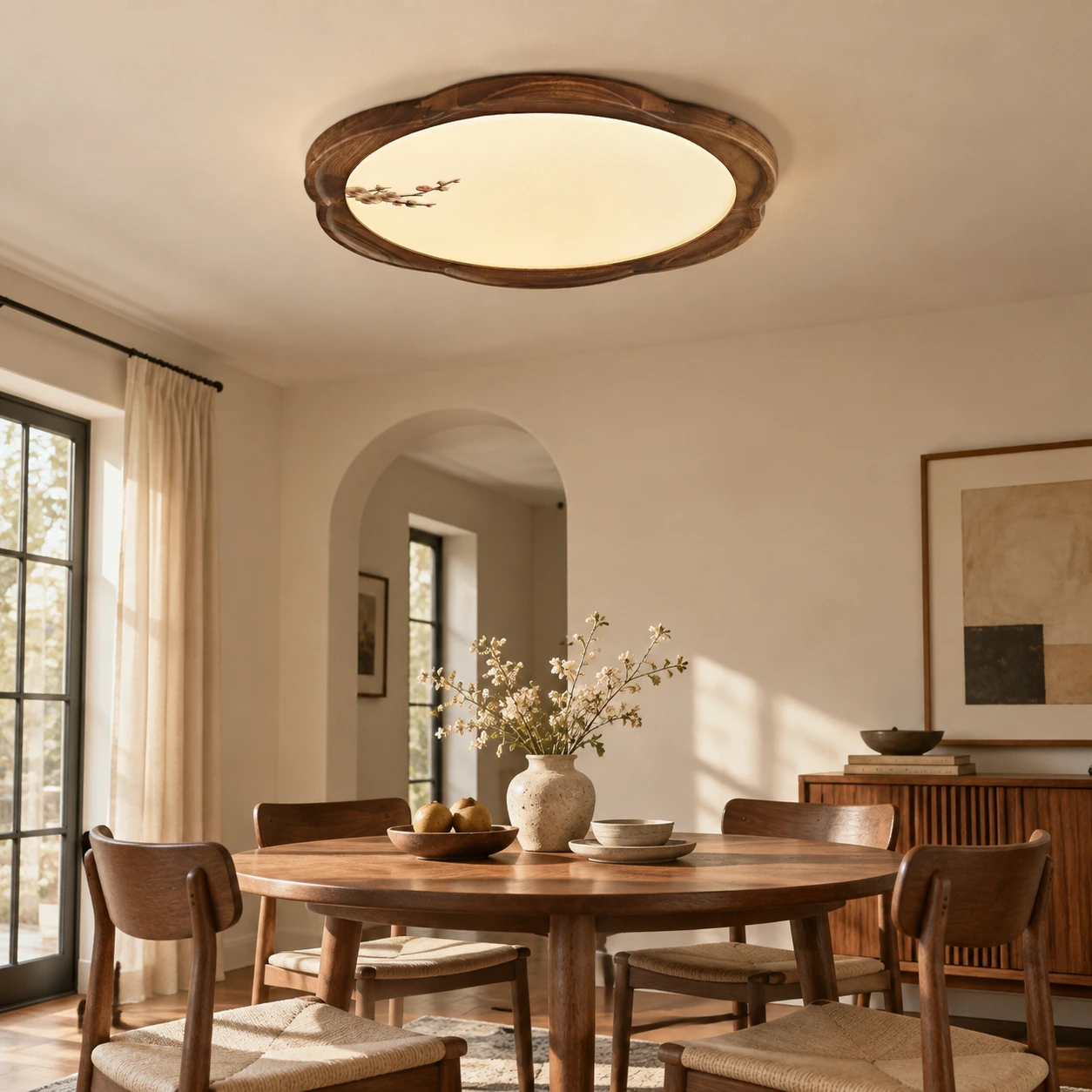 Walnut flush mount ceiling light over a dining table