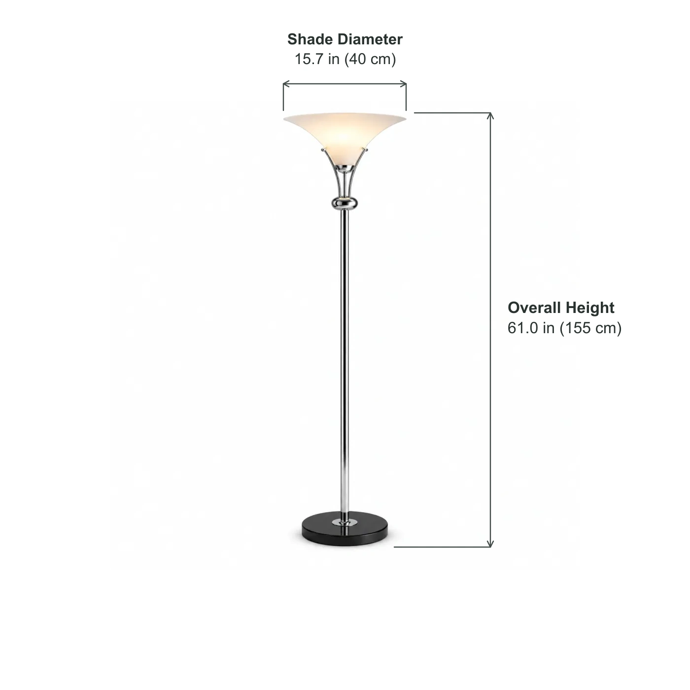 Floor lamp dimensions: 155 cm overall height and 40 cm shade diameter