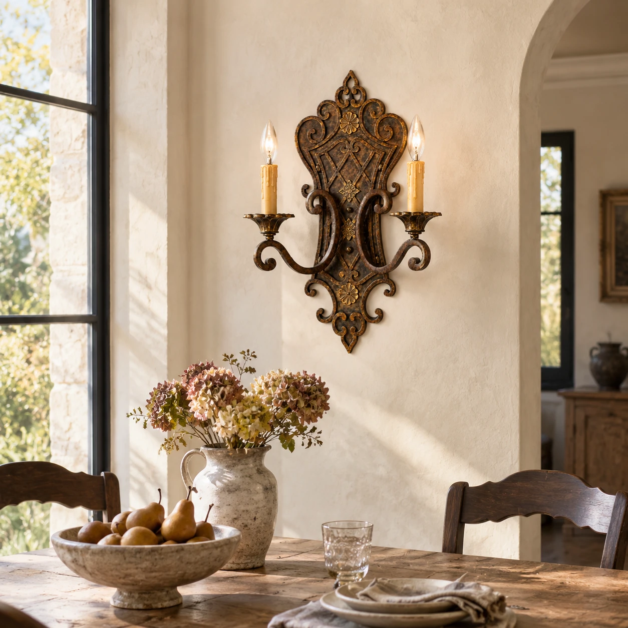 Elena French Decorative Iron Wall Sconce in a residential interior