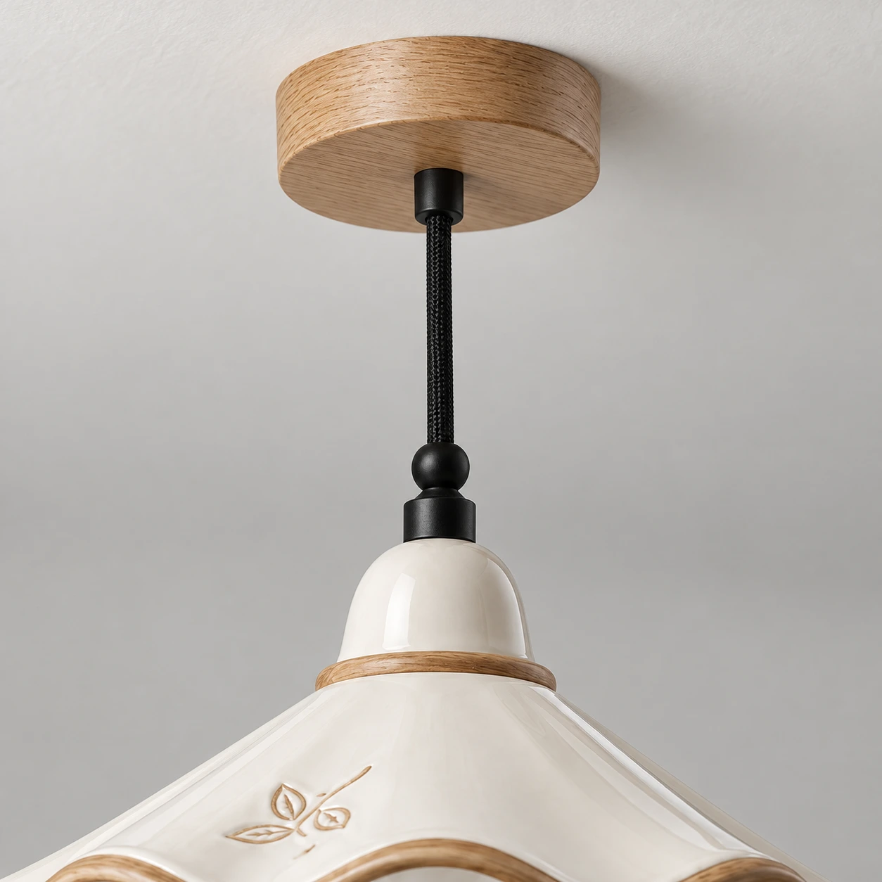 Close view of the wood canopy and cord connection
