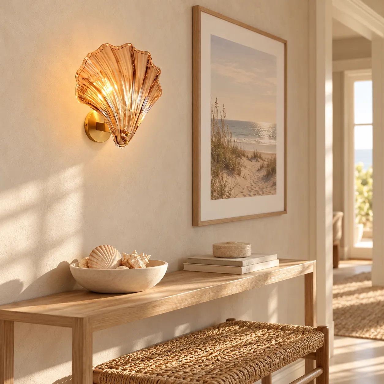 Vale shell wall light above a coastal entry console