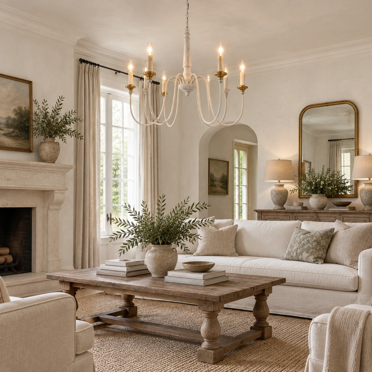 Six-light white wood chandelier over a dining table