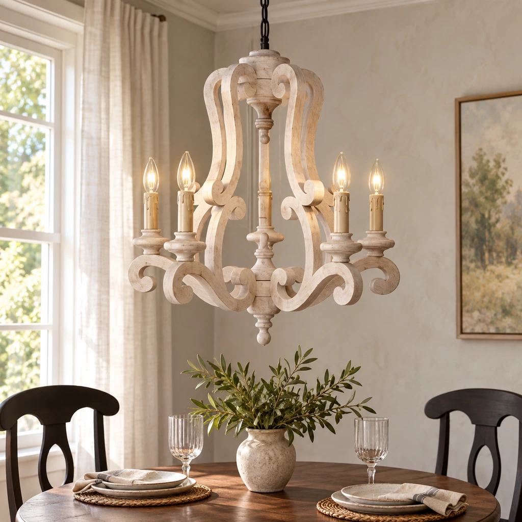 Beatrice chandelier centered above a compact walnut dining table